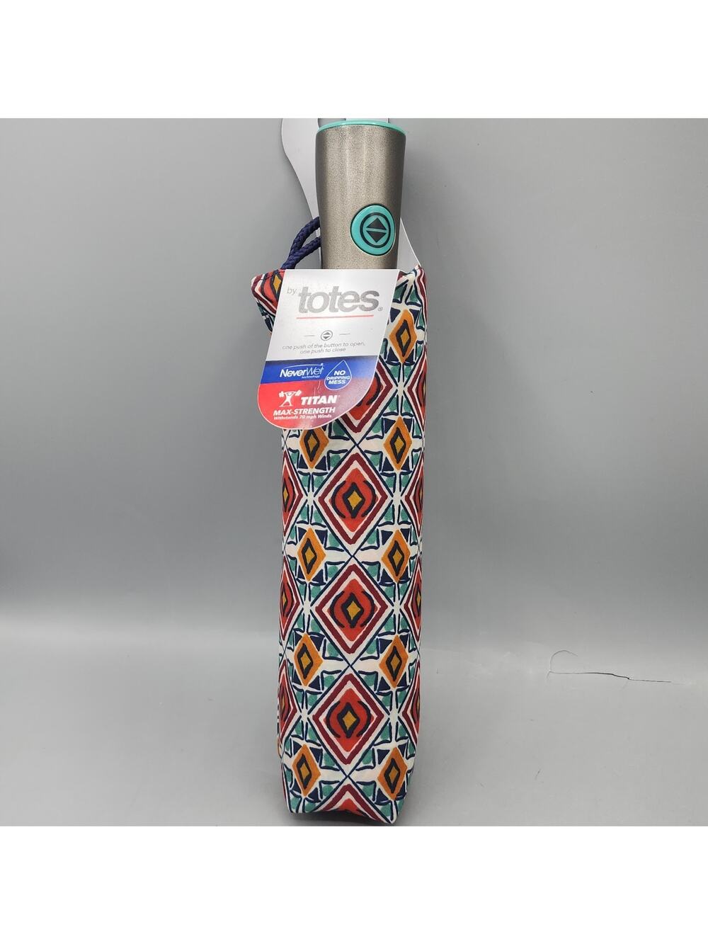 Totes NeverWet Umbrella 43 inch Auto Open Colorful Geometric Titan Max Strength